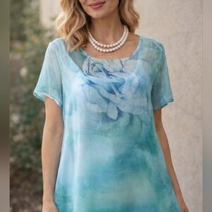 One World Blue Rose Print Tunic sz L